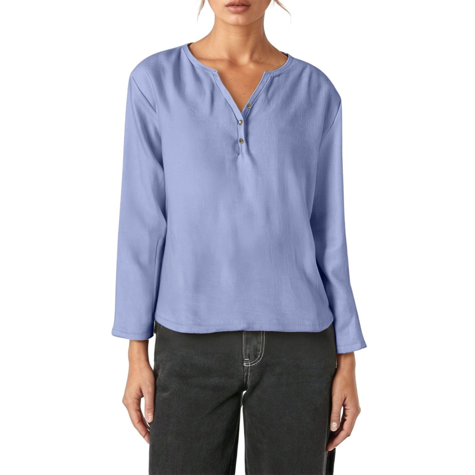 Camiseta informal de manga larga y cuello en V - Elegante cuello en V, color versátil, tejido cómodo